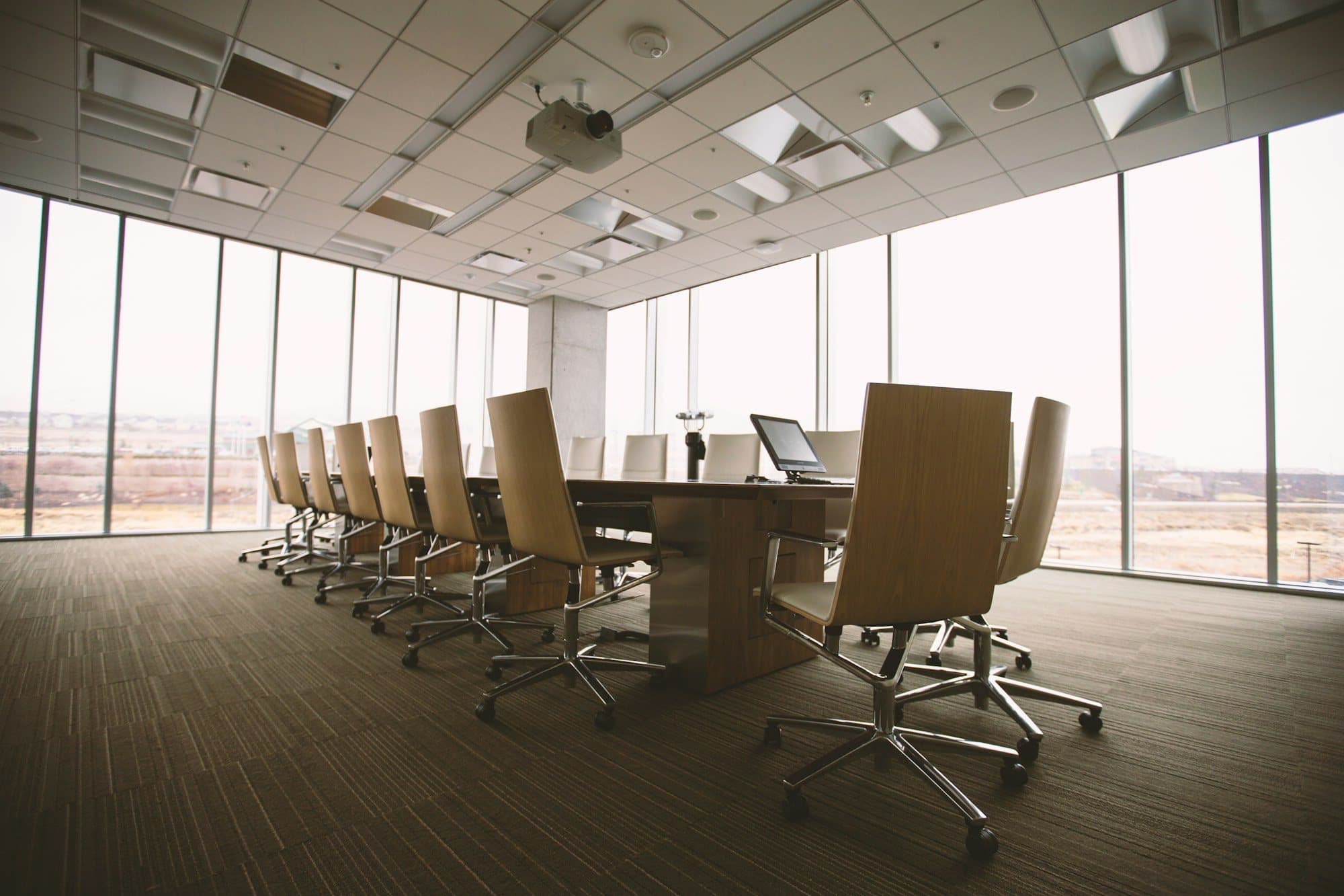 A boardroom in afternoon light